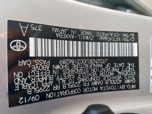 JTDZN3EU0C3186289 - 2012 TOYOTA PRIUS V SILVER photo 10