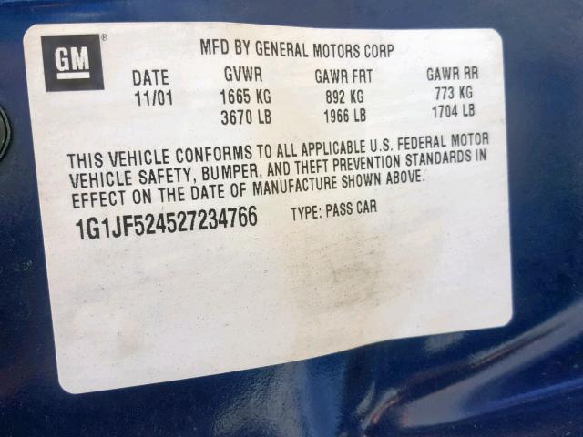 1G1JF524527234766 - 2002 CHEVROLET CAVALIER L BLUE photo 10