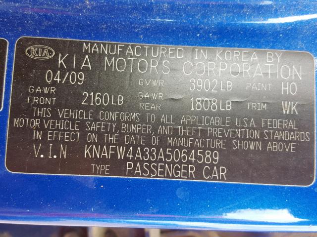 KNAFW4A33A5064589 - 2010 KIA FORTE SX BLUE photo 10