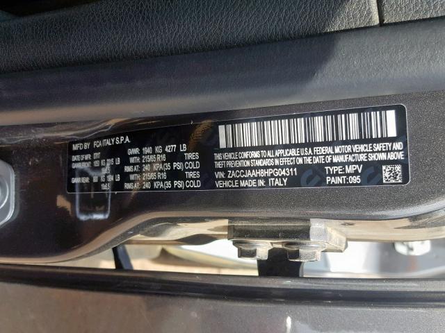 ZACCJAAH8HPG04311 - 2017 JEEP RENEGADE S GRAY photo 10