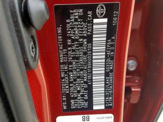 4T1BZ1FB6KU026106 - 2019 TOYOTA AVALON XLE RED photo 10