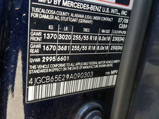 4JGCB65E29A090303 - 2009 MERCEDES-BENZ R 350 4MAT BLUE photo 10