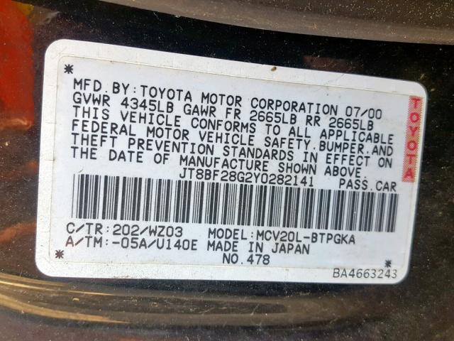 JT8BF28G2Y0282141 - 2000 LEXUS ES 300 BLACK photo 10