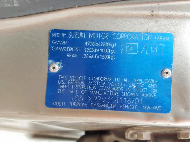 JS3TX92V314116701 - 2001 SUZUKI GRAND VITA GOLD photo 10