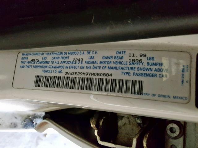 3VWSE29M9YM080884 - 2000 VOLKSWAGEN JETTA GLS WHITE photo 10