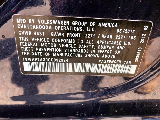 1VWAP7A30CC092924 - 2012 VOLKSWAGEN PASSAT S BLUE photo 10