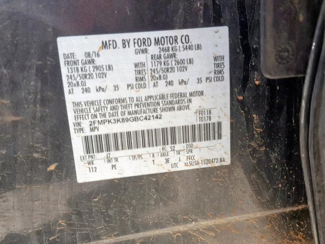 2FMPK3K89GBC42142 - 2016 FORD EDGE TITAN CHARCOAL photo 10