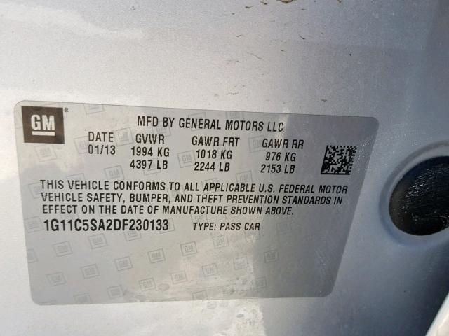 1G11C5SA2DF230133 - 2013 CHEVROLET MALIBU 1LT 银色 照片 10