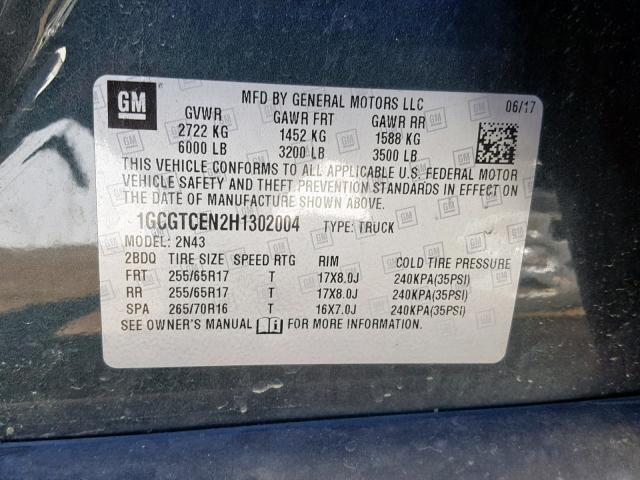 1GCGTCEN2H1302004 - 2017 CHEVROLET COLORADO L GREEN photo 10