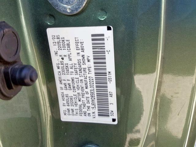 5J6YH28583L002227 - 2003 HONDA ELEMENT EX GREEN photo 10