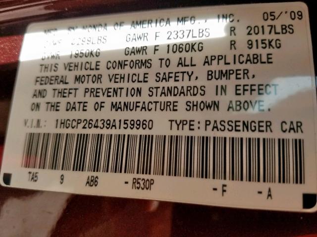 1HGCP26439A159960 - 2009 HONDA ACCORD LXP MAROON photo 10