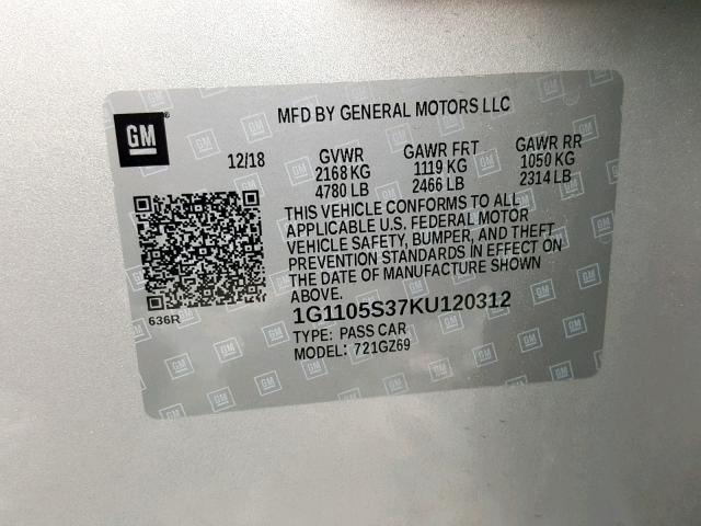 1G1105S37KU120312 - 2019 CHEVROLET IMPALA PRE SILVER photo 10