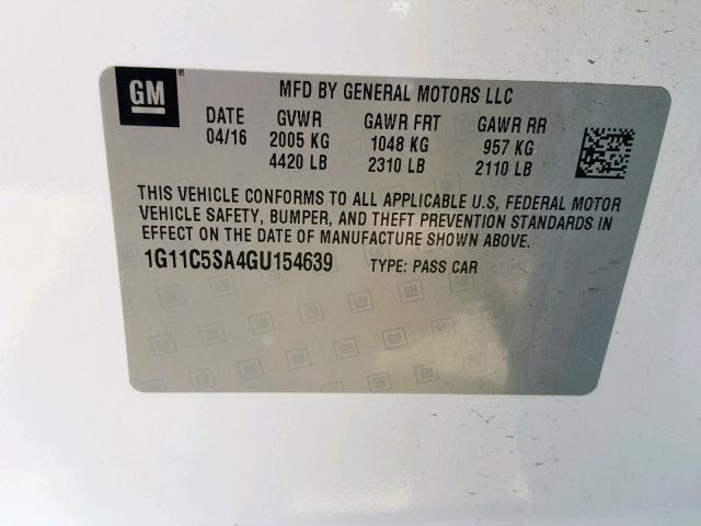 1G11C5SA4GU154639 - 2016 CHEVROLET MALIBU LIM WHITE photo 10