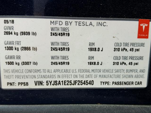 5YJSA1E25JF254540 - 2018 TESLA MODEL S Կապույտ լուսանկար 10