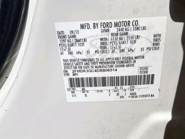 2FMDK3GC4DBB06514 - 2013 FORD EDGE SE WHITE photo 10