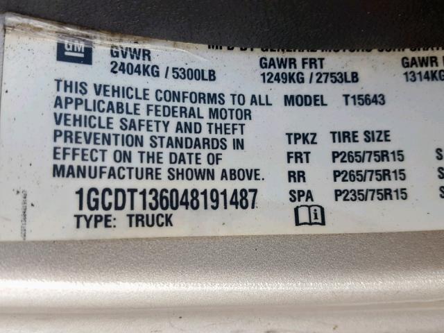 1GCDT136048191487 - 2004 CHEVROLET COLORADO TAN photo 10