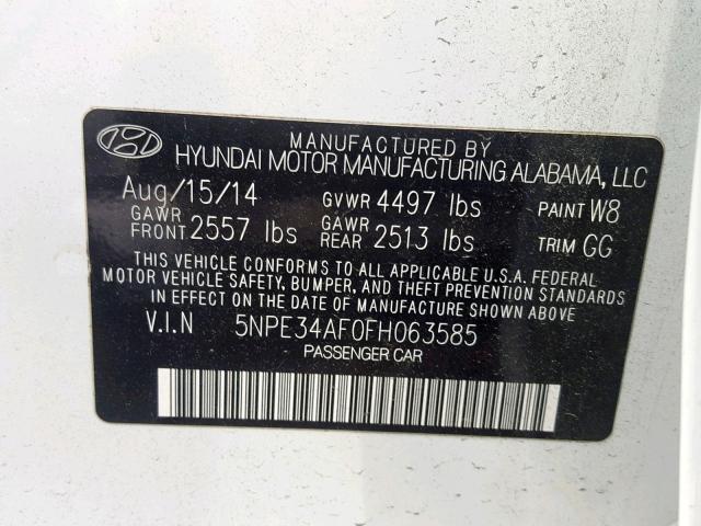 5NPE34AF0FH063585 - 2015 HYUNDAI SONATA SPO WHITE photo 10