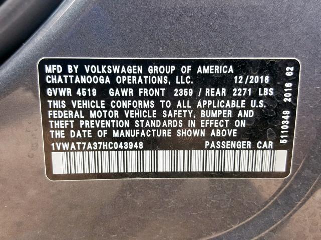 1VWAT7A37HC043948 - 2017 VOLKSWAGEN PASSAT S GRAY photo 10