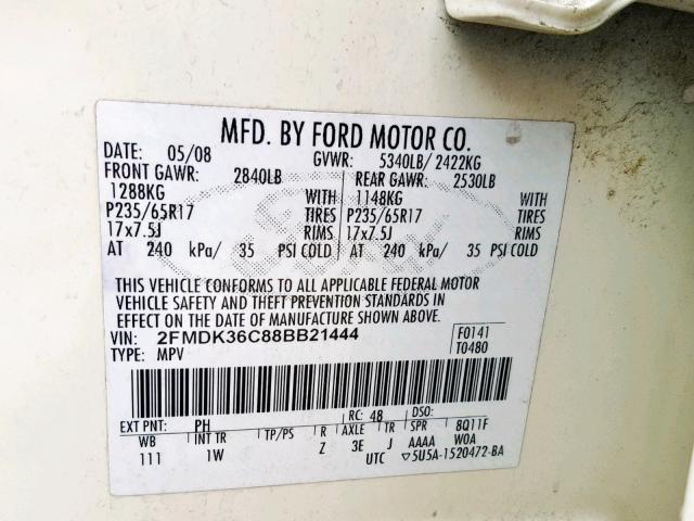 2FMDK36C88BB21444 - 2008 FORD EDGE SE CREAM photo 10