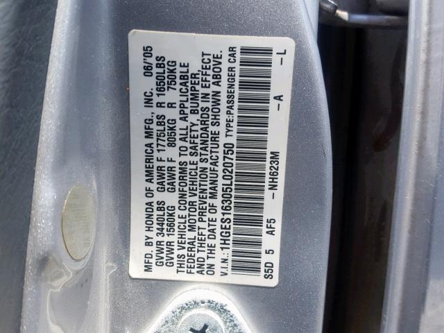 1HGES16305L020750 - 2005 HONDA CIVIC DX V GRAY photo 10