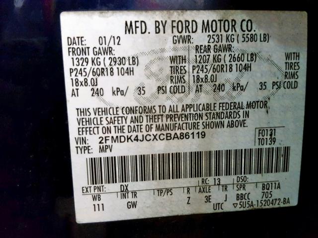 2FMDK4JCXCBA86119 - 2012 FORD EDGE SEL BLUE photo 10