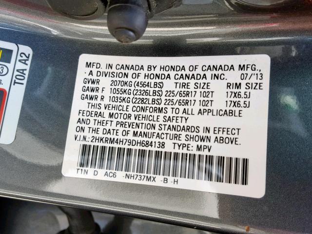 2HKRM4H79DH684138 - 2013 HONDA CR-V EXL GRAY photo 10