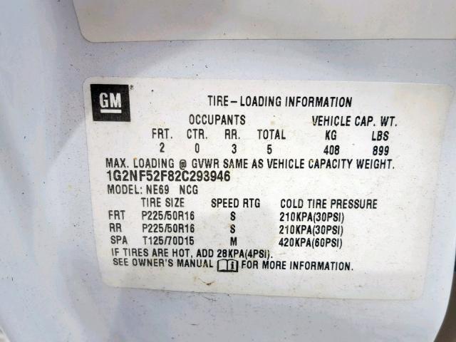 1G2NF52F82C293946 - 2002 PONTIAC GRAND AM S WHITE photo 10