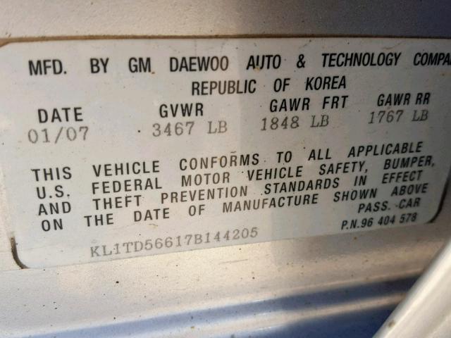 KL1TD56617B144205 - 2007 CHEVROLET AVEO BASE ვერცხლისფერი ფოტო 10