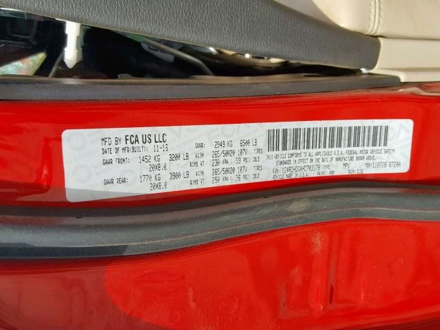 1C4RDHDGXHC703178 - 2017 DODGE DURANGO GT RED photo 10