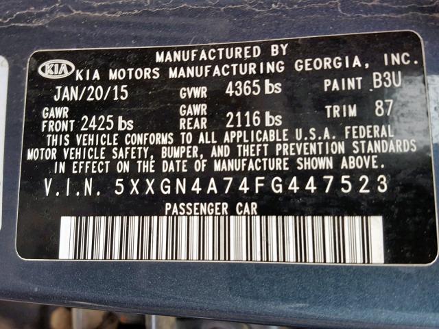 5XXGN4A74FG447523 - 2015 KIA OPTIMA EX BLUE photo 10