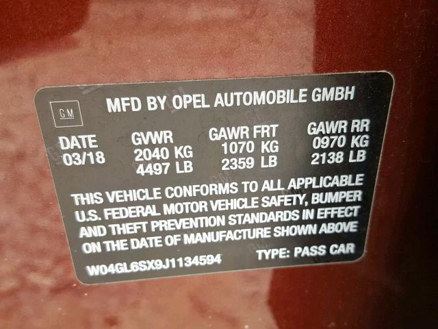 W04GL6SX9J1134594 - 2018 BUICK REGAL PREF BURGUNDY photo 10