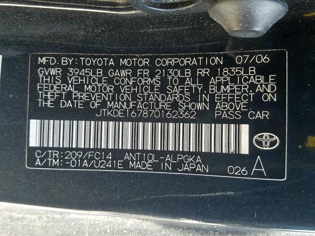 JTKDE167870162362 - 2007 TOYOTA SCION TC BLACK photo 10