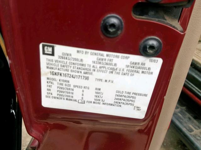 1GKFK16T24J171798 - 2004 GMC YUKON XL K RED photo 10