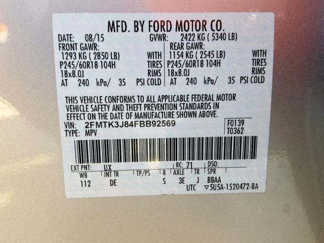 2FMTK3J84FBB92569 - 2015 FORD EDGE SEL SILVER photo 10