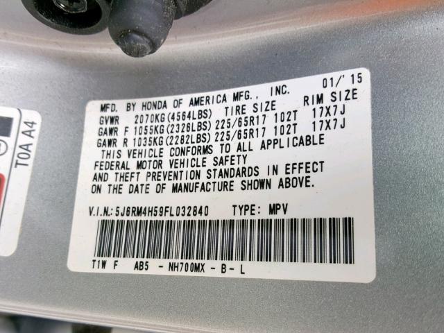 5J6RM4H59FL032840 - 2015 HONDA CR-V EX SILVER photo 10