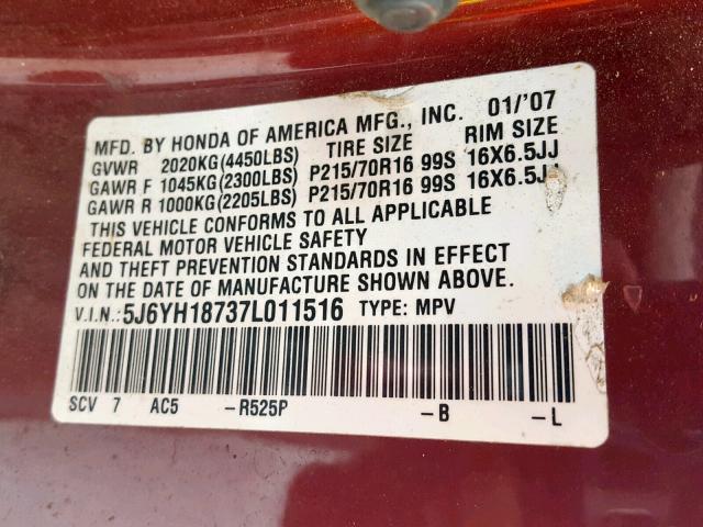 5J6YH18737L011516 - 2007 HONDA ELEMENT EX RED photo 10