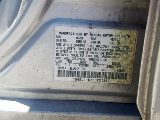 1N4BL11D75C221257 - 2005 NISSAN ALTIMA SE GRAY photo 10