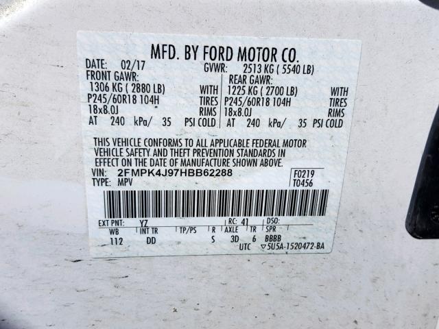 2FMPK4J97HBB62288 - 2017 FORD EDGE SEL WHITE photo 10