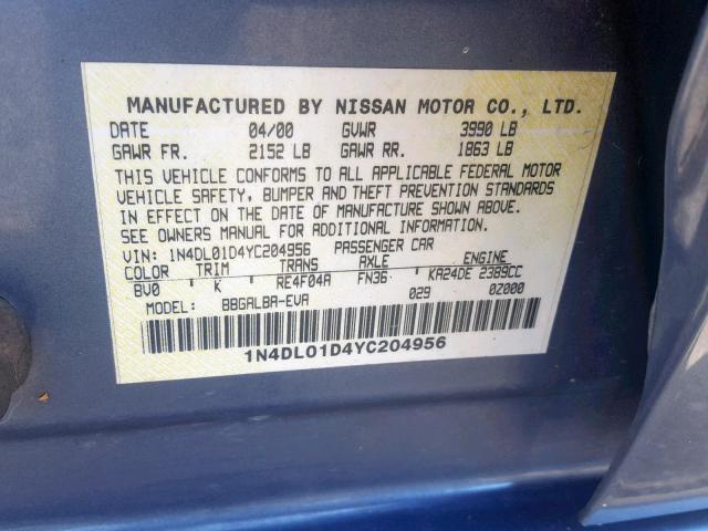 1N4DL01D4YC204956 - 2000 NISSAN ALTIMA XE BLUE photo 10