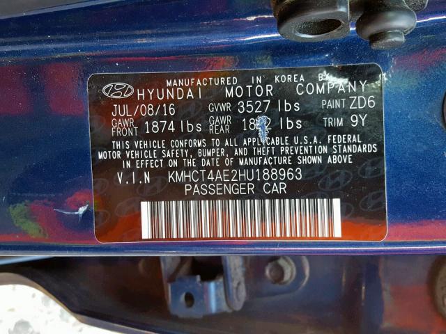 KMHCT4AE2HU188963 - 2017 HYUNDAI ACCENT SE BLUE photo 10