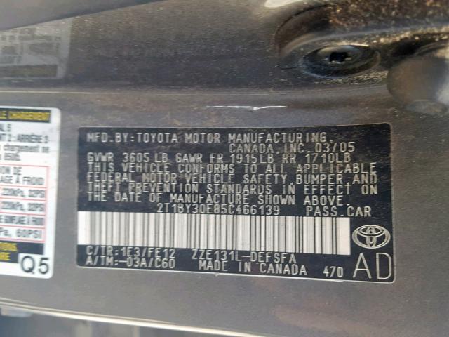 2T1BY30E85C466139 - 2005 TOYOTA COROLLA XR 灰色 照片 10