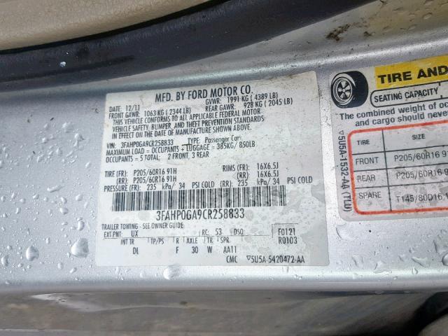 3FAHP0GA9CR258833 - 2012 FORD FUSION S SILVER photo 10