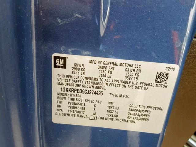 1GKKRPED9CJ274495 - 2012 GMC ACADIA SLE BLUE photo 10