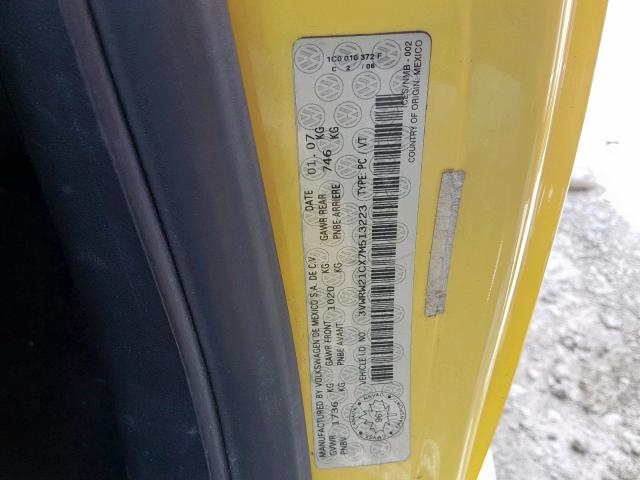 3VWRW21CX7M513223 - 2007 VOLKSWAGEN NEW BEETLE ყვითელი ფოტო 10
