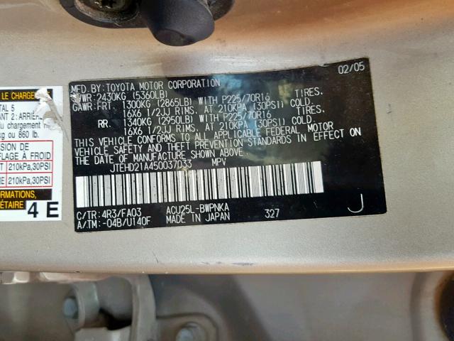 JTEHD21A450037033 - 2005 TOYOTA HIGHLANDER BEIGE photo 10