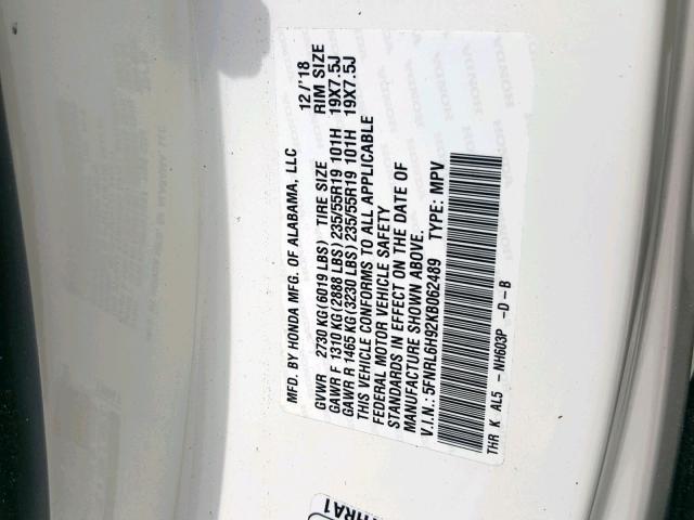 5FNRL6H92KB062489 - 2019 HONDA ODYSSEY EL WHITE photo 10