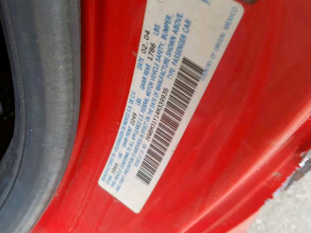 3VWBM31Y14M339935 - 2004 VOLKSWAGEN NEW BEETLE წითელი ფოტო 10