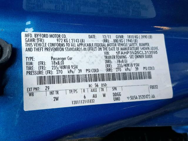 1FAHP3N25CL313595 - 2012 FORD FOCUS TITA BLUE photo 10