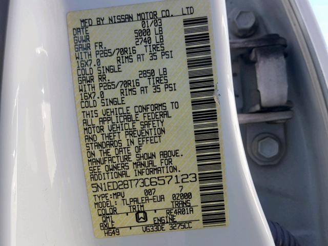 5N1ED28T73C657123 - 2003 NISSAN XTERRA XE WHITE photo 10