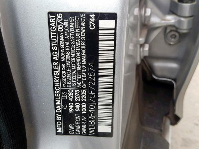 WDBRF40J75F722574 - 2005 MERCEDES-BENZ C 230K SPO SILVER photo 10